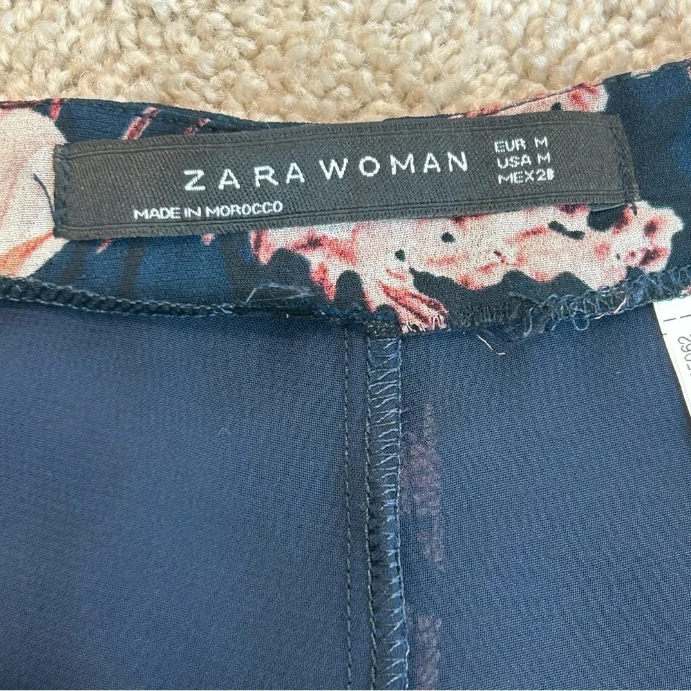 ZARA navy blue pink floral flower chiffon wide leg slit hem pants Sz M - Picture 8 of 14